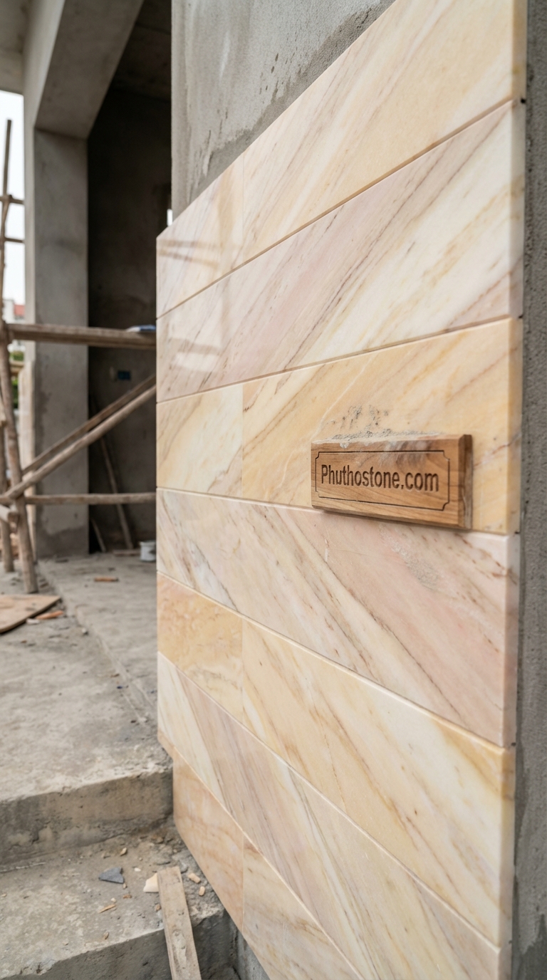 Đá vàng nghệ an ốp mặt tiền, bề mặt ghép thanh đa sắc, Kích thước 10x50cm