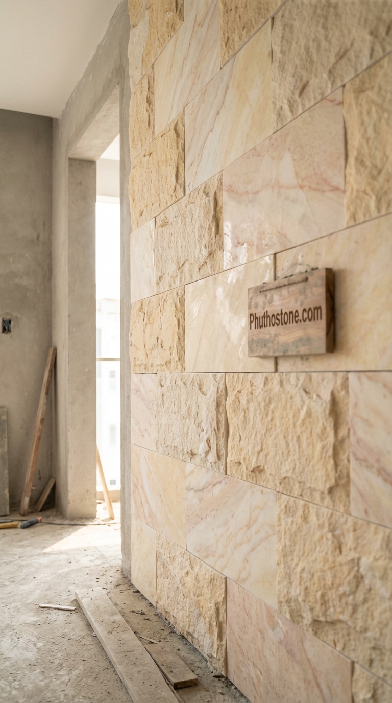 Đá vàng nghệ an ốp tường độc đáo, bề mặt đục tay nghệ thuật, Kích thước 20x40cm
