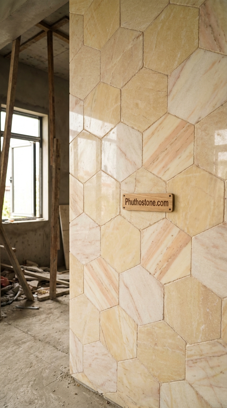 Đá vàng nghệ an ốp tường độc đáo, bề mặt ghép hình lục giác, Kích thước đường kính 20cm