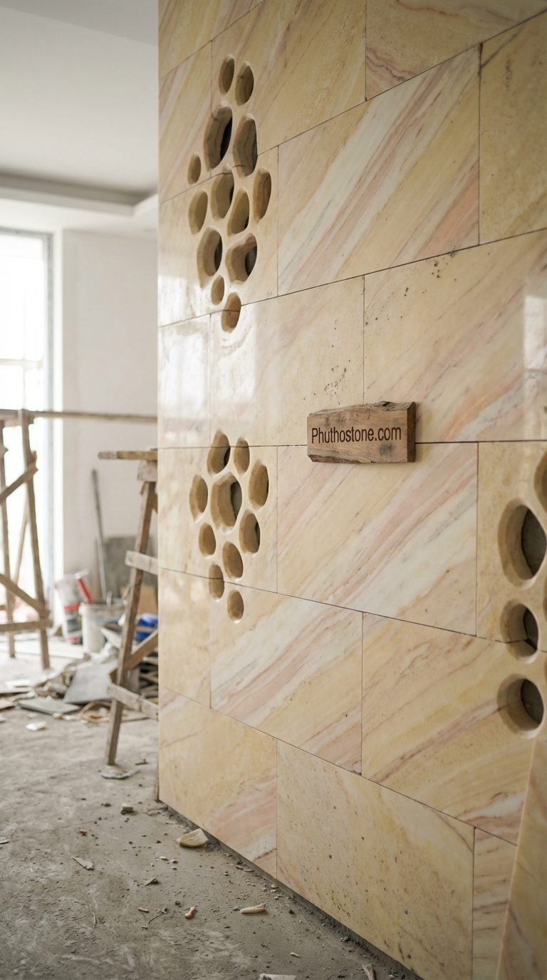 Đá vàng nghệ an ốp tường độc đáo, bề mặt khoét lỗ tổ ong lớn, Kích thước 30x60cm