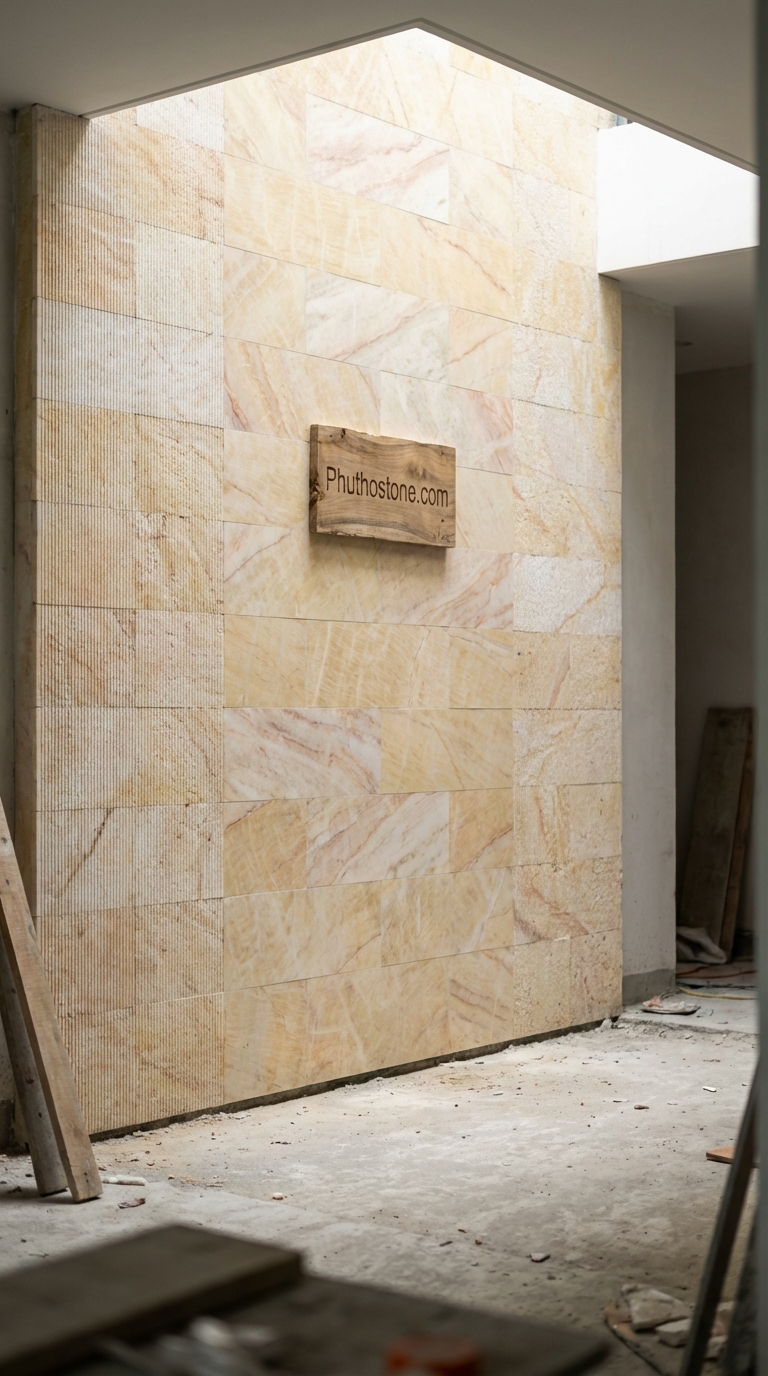 Đá vàng nghệ an ốp tường giếng trời, bề mặt răng lược, Kích thước 10x20cm