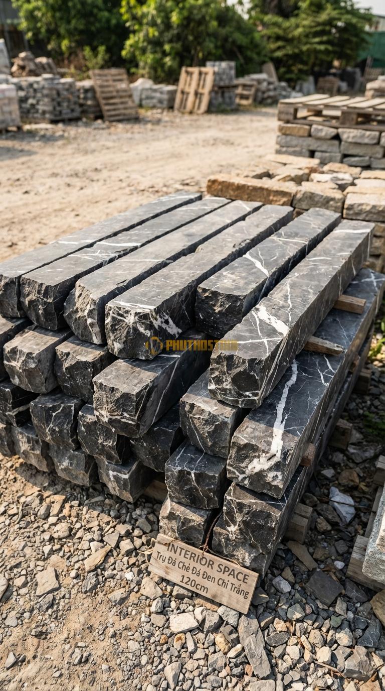 Trụ Đá Chẻ Đá Đen Chỉ Trắng 120cm