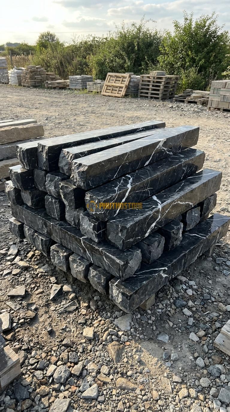 Trụ Đá Chẻ Đá Đen Chỉ Trắng 80cm